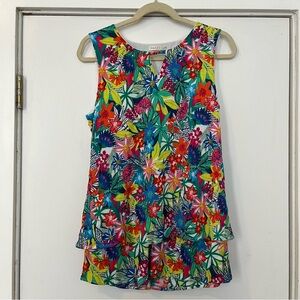 Hailey Lyn colorful tropical floral tank top sleeveless keyhole ruffle